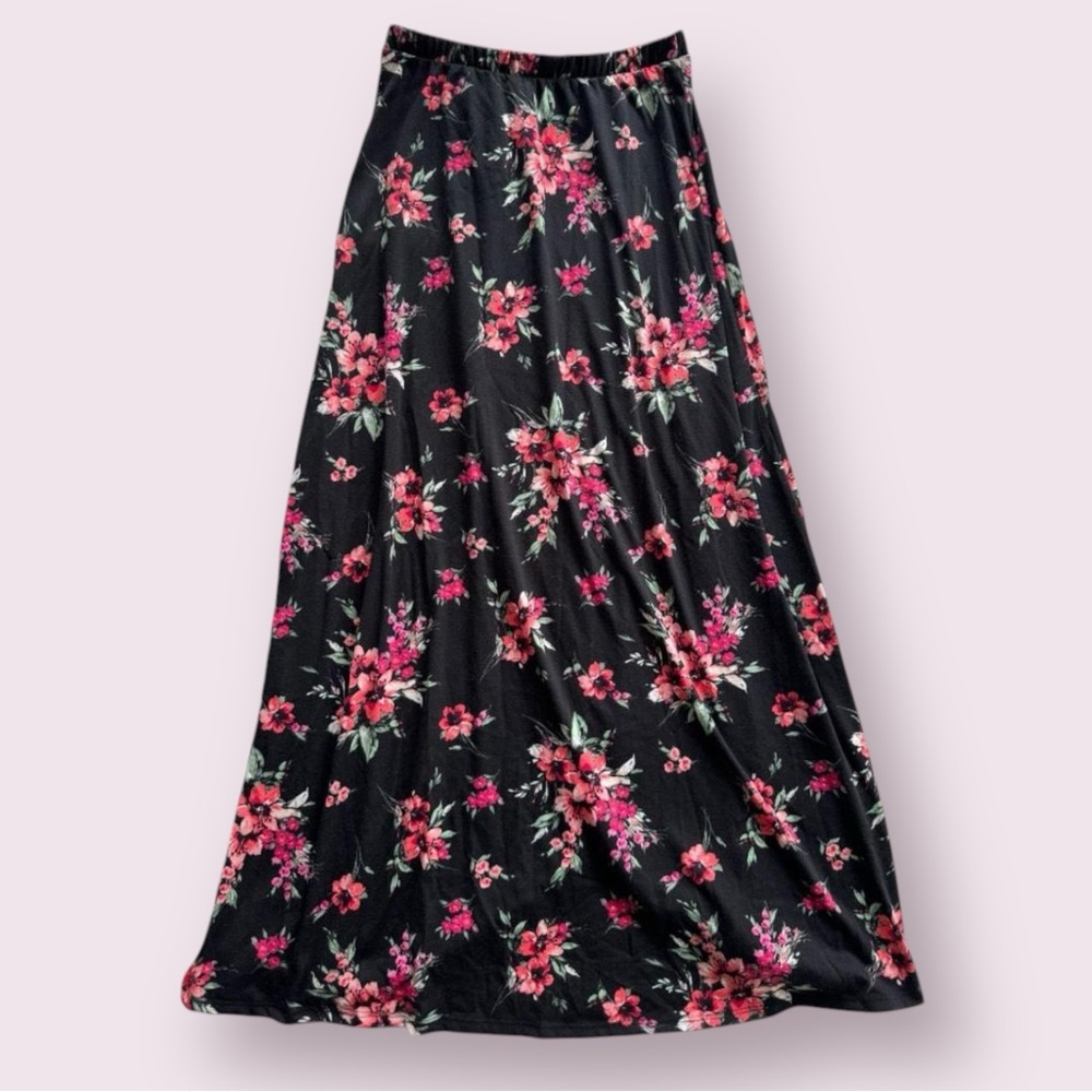 Vintage Y2K Black and pink floral grunge fairy maxi skirt with tie waist